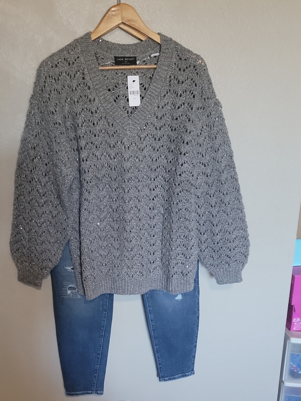 Lane Bryant Silver-Gray Openwork V-Neck Sweater